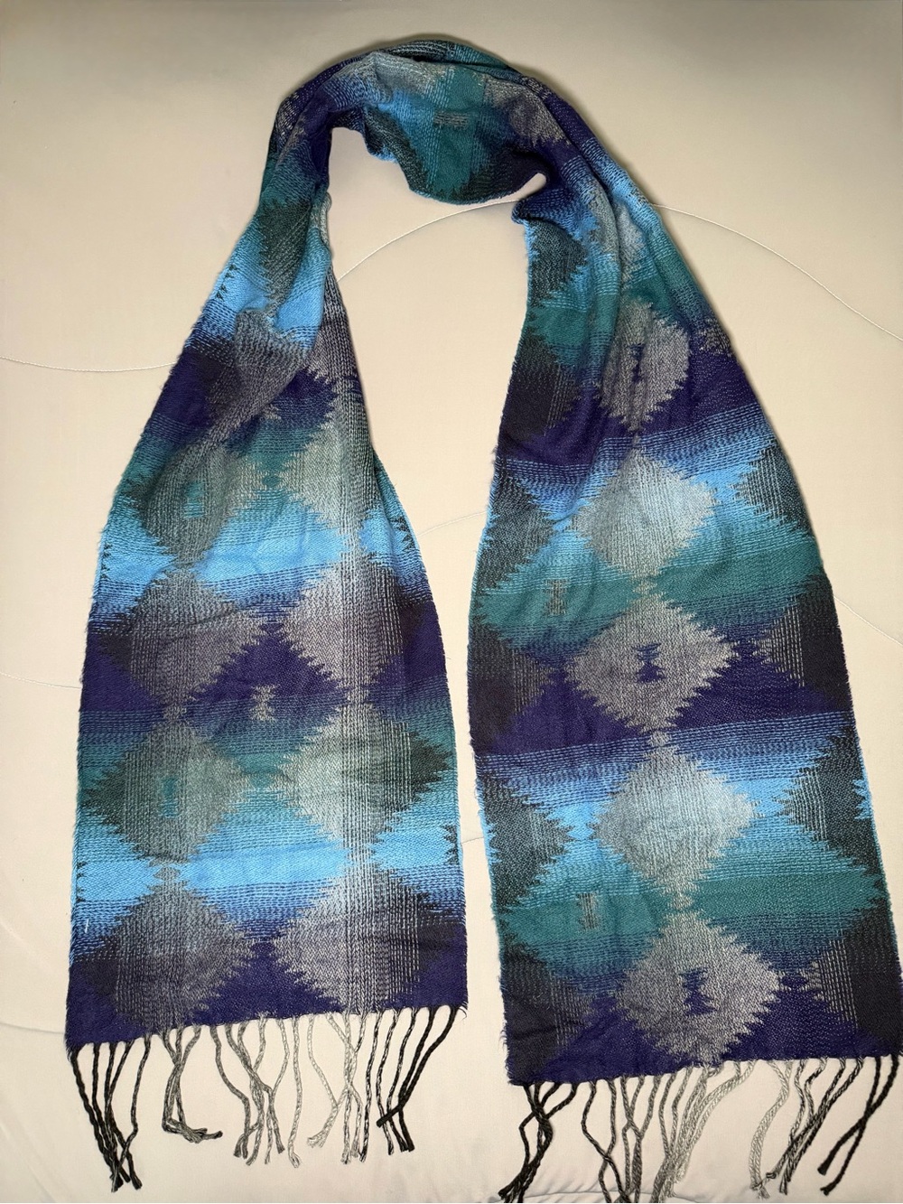 Blue & Teal Diamond-Pattern Woven Scarf - Women's Wrap